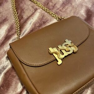Just Cavalli Leather Crossbody / Shoulder Bag in Tan with golden logo